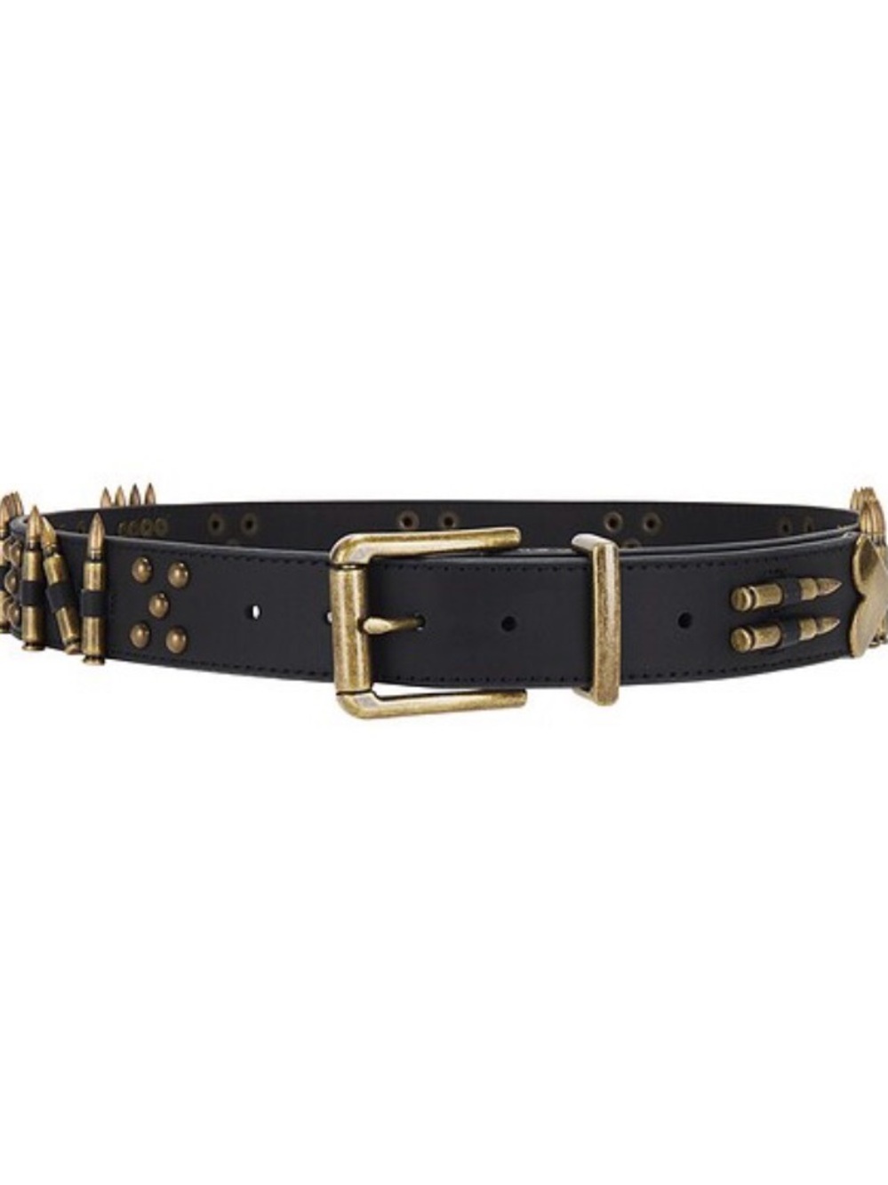 Black Leather Bullet-Accent Belt with Antiqued Brass Buckle